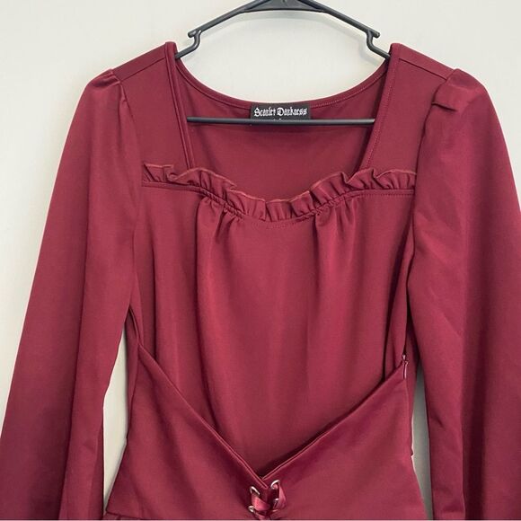 Scarlet Darkness Sweetheart Neck Frill Trim Lace Up Dress Whimsigoth Goth - Picture 7 of 7